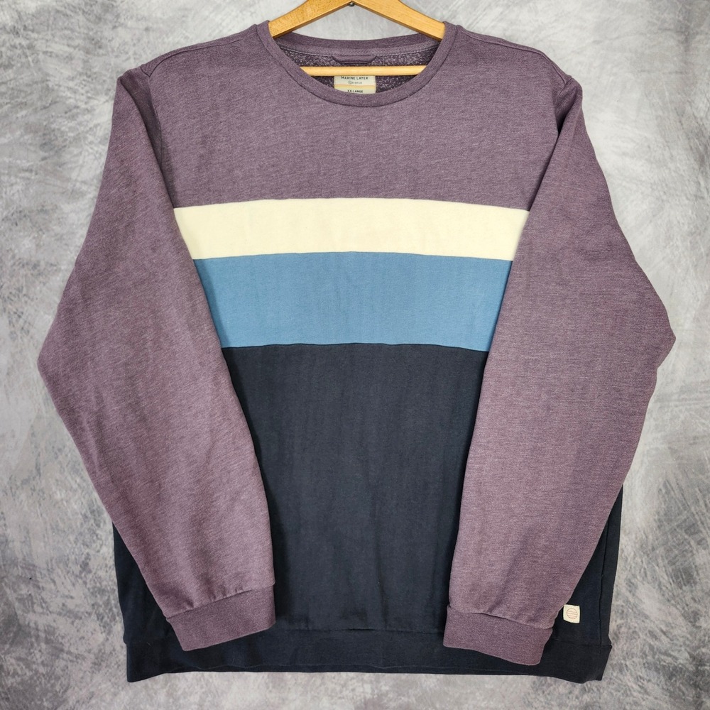 Marine Layer Re-Spun Colorblock Fleece Crewneck Sweatshirt XXL Purple Navy